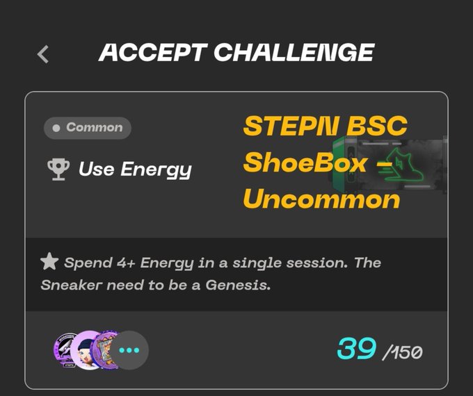 An "ACCEPT CHALLENGE" screen from a gaming interface marked "Common" with a "Use Energy" trophy icon, requiring 4+ Energy in a single session with a Genesis sneaker, showing 39/150 progress.