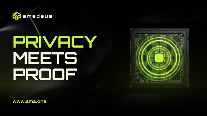 A dark promotional graphic featuring a glowing green computer chip on the right, with the bold text "PRIVACY MEETS PROOF" alongside the "amadeus" logo and the website "www.ama.one".
