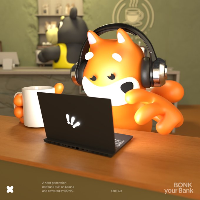 An advertisement for 'BONK your Bank', a next-generation neobank built on Solana, featuring an orange Shiba Inu mascot wearing headphones and working on a laptop at a cafe.