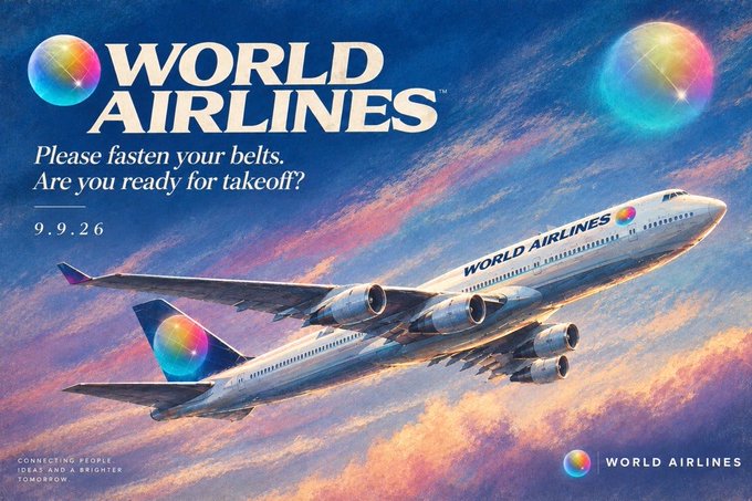 A retro-style illustrated advertisement for 'WORLD AIRLINES' featuring two airplanes flying through a colorful sunset sky with iridescent bubbles, with the tagline 'Please fasten your belts. Are you ready for takeoff?' and date 9.9.26.