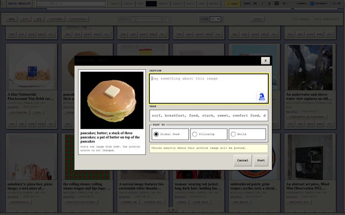 The image displays a NeXT-inspired interface for posting an image of a pancake stack with butter, featuring a caption field and tag options like "surf, breakfast, food, stack, sweet, comfort food." The post references the "/surf protocol" as a playful nod to enjoying pancakes for breakfast while highlighting the retro NeXT theme design.