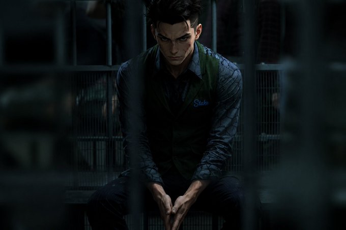 A digital illustration of a man with dark hair wearing a vest and patterned shirt, sitting with his hands clasped in a dimly lit setting.