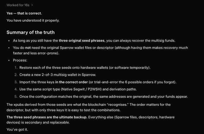 A dark screenshot displays a support response titled "Summary of the truth," outlining a 5-step process for recovering multisig funds using three original seed phrases in Sparrow Wallet, noting that original wallet files or descriptors are not required, and emphasizing that seed phrases are the ultimate backup. This relates to the post about configuring a multisig wallet from three single-sig hardware wallets with off-site seed phrase backups.