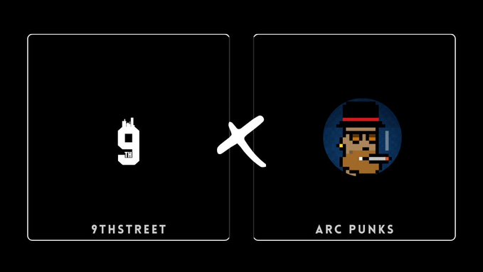 A promotional graphic showing a collaboration between "9THSTREET" and "ARC PUNKS" NFT projects with their logos side by side.