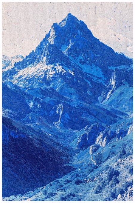 A stylized blue-toned illustration of a sharp, snow-capped mountain peak against a cream sky with birds flying overhead.