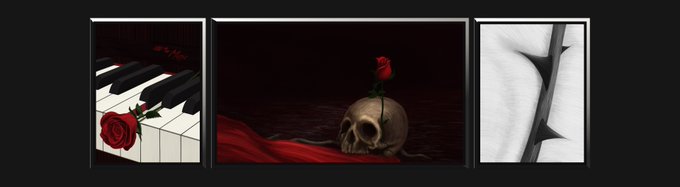 A triptych of dark artwork: a rose on piano keys, a skull with a rose, and a thorny rose stem.