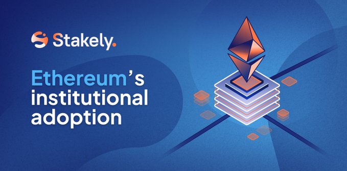Stakely promotional graphic with text "Ethereum's institutional adoption" displayed alongside an Ethereum logo hovering above stacked layered platforms.