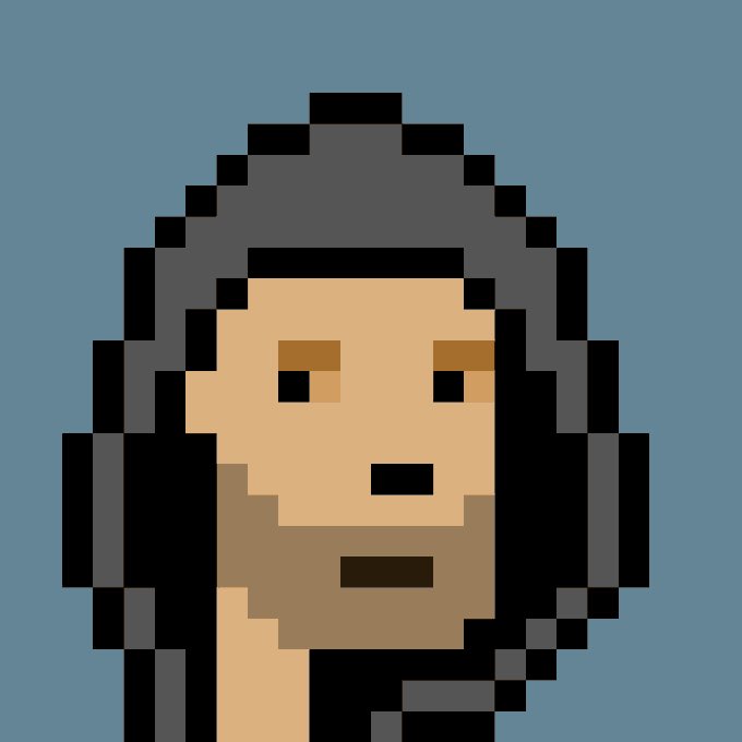 Pixel art portrait of a bearded man with dark hair against a blue background.