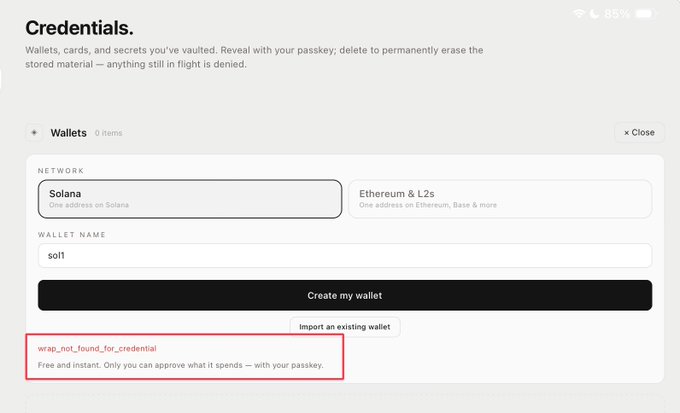 The image shows a mobile app's "Credentials" screen with a "Solana" network selected and an error message "wrap_not_found_for_credential" highlighted. This directly relates to the accompanying post about bypassing a step to claim a MoonPay airdrop.