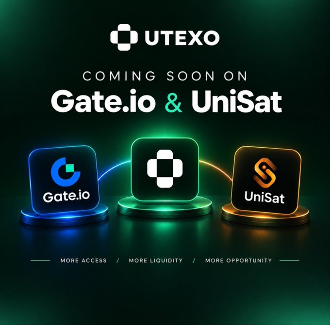 Promotional graphic announcing UTEXO 'COMING SOON ON Gate.io & UniSat' with the tagline 'MORE ACCESS / MORE LIQUIDITY / MORE OPPORTUNITY' displayed alongside glowing logos.