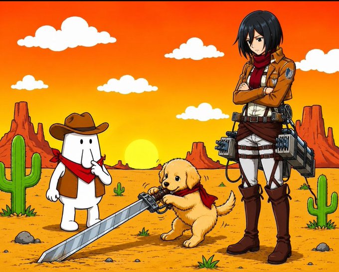 A desert sunrise scene featuring a cowboy-hat-wearing cartoon figure, a golden retriever puppy gripping an oversized sword, and a dark-haired anime soldier in Survey Corps gear standing beside them. The "good morning" post pairs with the hopeful sunrise and confident, weapon-ready stance to send a bullish market vibe.