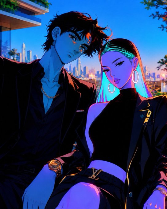 A digital illustration in vibrant blue and pink tones depicting a young man and woman in stylish black outfits, with the woman wearing a 'LV' belt buckle, set against a city skyline backdrop.