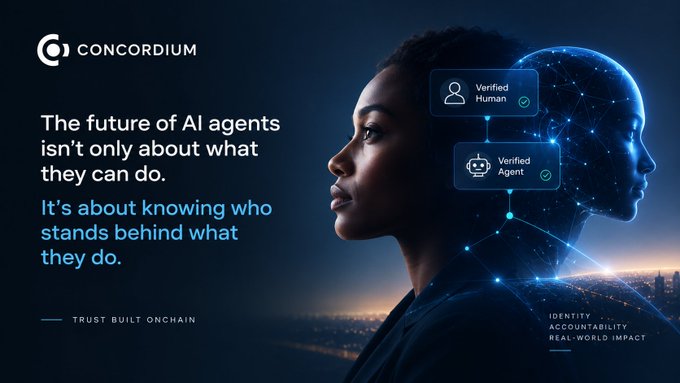 A promotional graphic for Concordium with text 'The future of AI agents isn't only about what they can do. It's about knowing who stands behind what they do,' featuring a woman with 'Verified Human' and 'Verified Agent' icons, and tagline 'TRUST BUILT ONCHAIN.'
