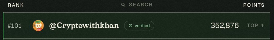 The image shows a leaderboard entry ranking @Cryptowithkhan at #101 with 352,876 points, currently in the TOP tier. The post celebrates this achievement of cracking the Top 100 and promotes a "vibefi" Gift Code hack for boosting rankings toward a goal of Top 50 or Top 10.
