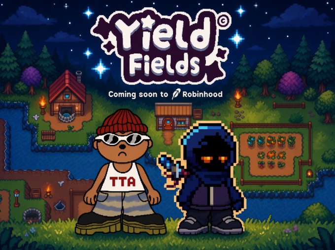 Pixel art game promotional image for 'Yield Fields' showing two characters (one wearing a TTA shirt and sunglasses, the other a dark hooded figure) with text 'Coming soon to Robinhood'.