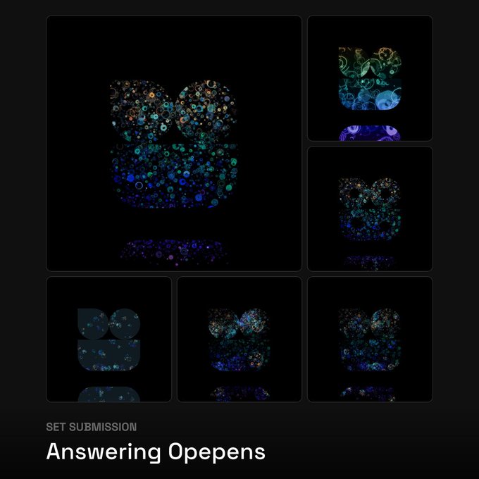 An artwork titled 'Answering Opepens' labeled as a 'SET SUBMISSION,' showing multiple panels of bubble-like shapes with colorful spheres against a black background.