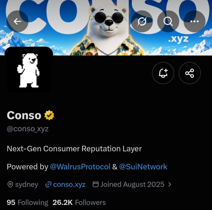 X/Twitter profile page for @conso_xyz (Conso), described as a 'Next-Gen Consumer Reputation Layer' powered by @WalrusProtocol & @SuiNetwork, based in Sydney with 26.2K followers.