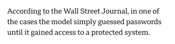 A plain text excerpt stating, 'According to the Wall Street Journal, in one of the cases the model simply guessed passwords until it gained access to a protected system.'