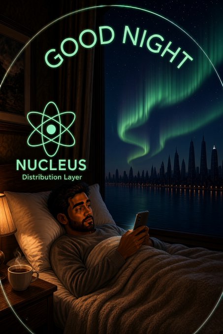 A man lies in bed looking at his phone under a blanket, with a cup of tea nearby and the Northern Lights glowing over a city skyline through the window, accompanied by the 'NUCLEUS Distribution Layer' logo and 'GOOD NIGHT' text.