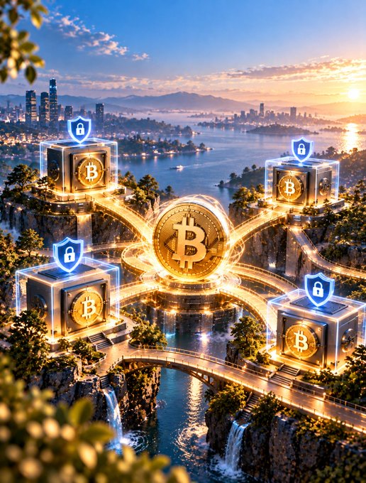 A majestic Bitcoin vault complex overlooks a glowing waterfront city at sunset, featuring a central golden Bitcoin emblem connected by radiant bridges to four fortified subsidiary vaults, each topped with blue security shield icons—visually reinforcing the post's announcement about WBTC exploring a multi-custodian model for distributed digital asset security.