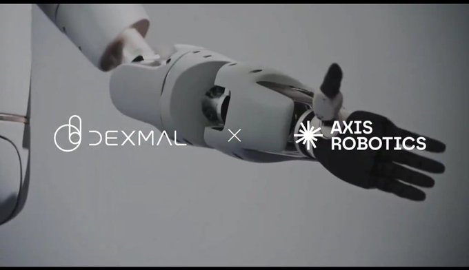 A sleek robotic arm with a black-gloved hand displayed against a gray background, branded with 'DEXMAL × AXIS ROBOTICS' logos.