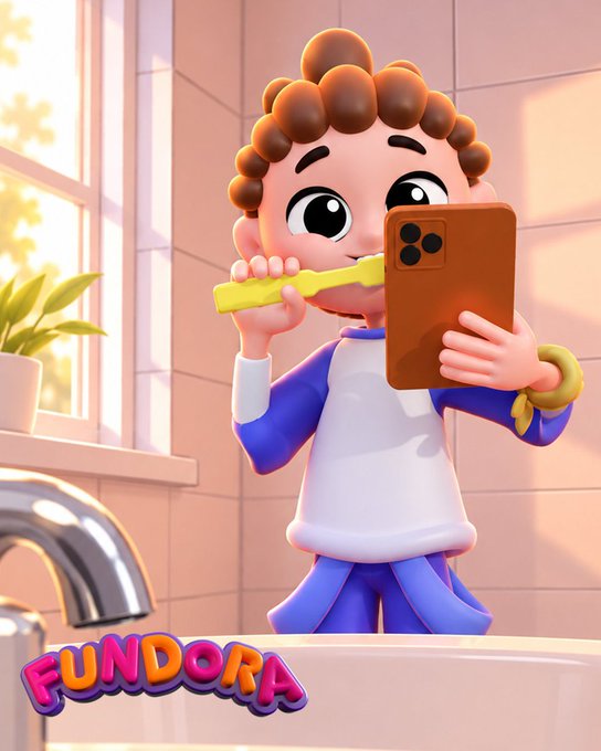 A 3D animated cartoon shows a curly-haired boy brushing his teeth while looking at an orange smartphone, with the word "FUNDORA" displayed at the bottom.