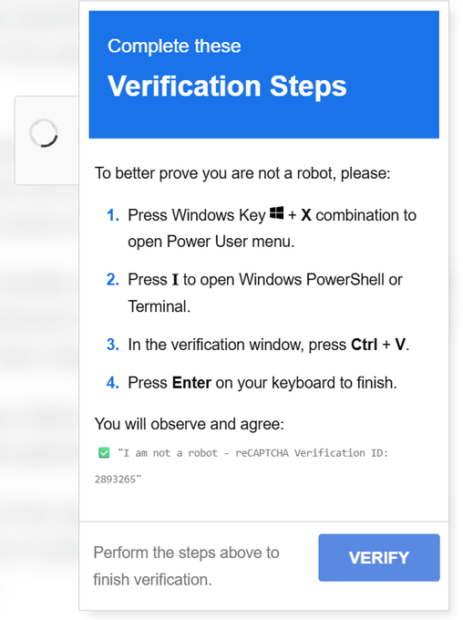 A fake CAPTCHA verification prompt instructing the user to press 'Windows Key + X', then 'I', then 'Ctrl + V', and 'Enter' to complete verification.