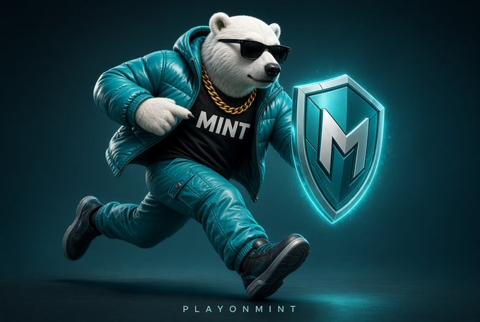 A digital artwork features a polar bear character wearing sunglasses, a gold chain, a black 'MINT' t-shirt, and a teal puffer jacket and pants, running alongside a glowing shield with the letter 'M' and the text 'PLAYONMINT' below.