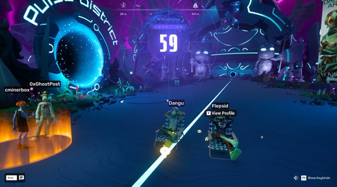 A gamer-style lobby screen labeled 'Pulse district' displays players Dangu and Flepsid in custom shopping-cart vehicles during a Fortnite-style game with a 59-second timer.