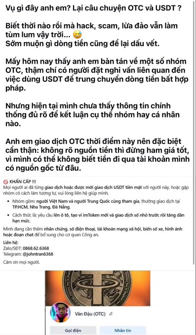 A Vietnamese text post discussing OTC (Over-The-Counter) and USDT transactions, warning about scams and offering caution to buyers, credited to "KHÁN CẬP III" with contact info for "Văn Đầu (OTC)".