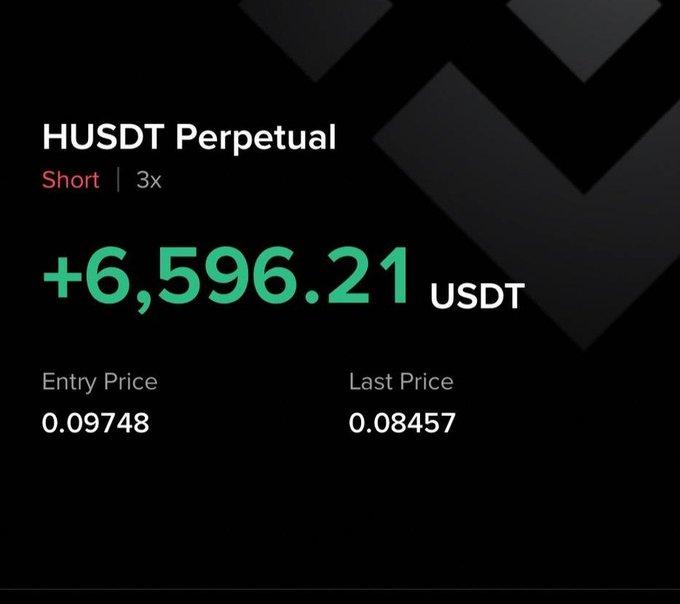 The image shows a black background with white text that reads "HUSDT Perpetual Short". The text also includes numbers, such as $6,569.21 and $0.86, which are likely prices or values associated with short positions in the cryptocurrency market.