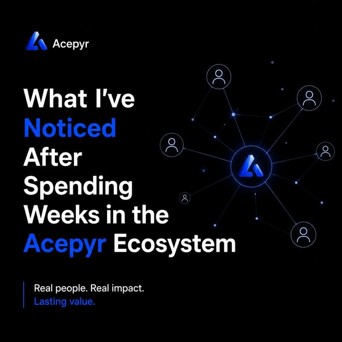 A black promotional graphic for 'Acepyr' featuring blue text that reads 'What I've Noticed After Spending Weeks in the Acepyr Ecosystem' alongside a network of connected user icons.