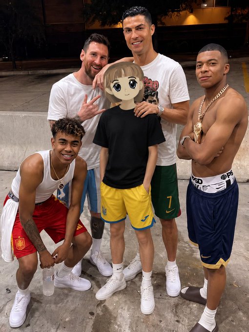 A group of four soccer players, including Lionel Messi and Cristiano Ronaldo, pose together at night with a cartoon-faced figure in the center, capturing a star-studded moment amid World Cup festivities. The gathering reflects the social side of the tournament during its final days, with the third-place match and grand finale still ahead.