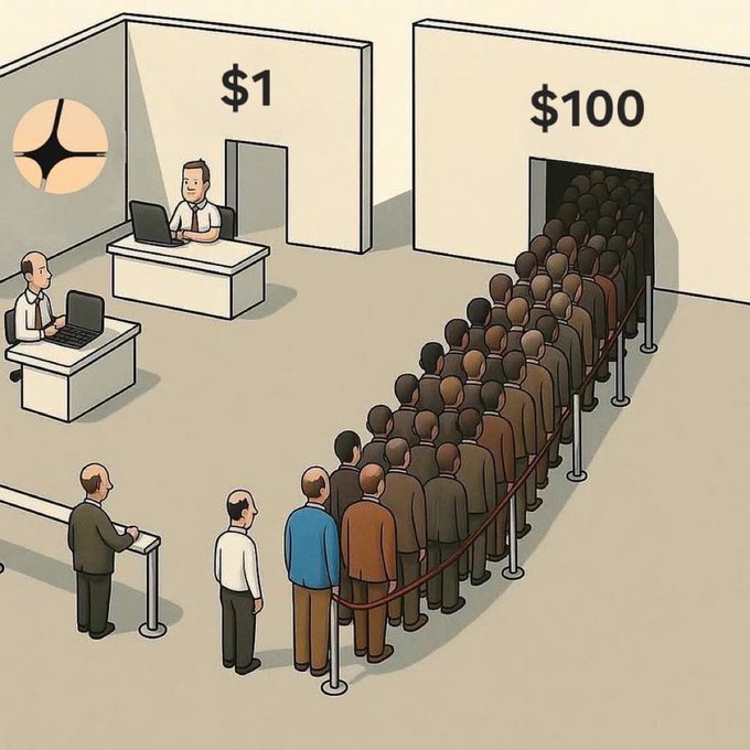 The image shows a group of people standing in line at an office building, waiting for their turn to enter. There are two doors visible in the scene - one with a sign that says "100", indicating the cost of entering the building, while another door has no such sign. The people in the line appear to be patiently waiting for their turn, possibly discussing work or other topics related to their office environment.