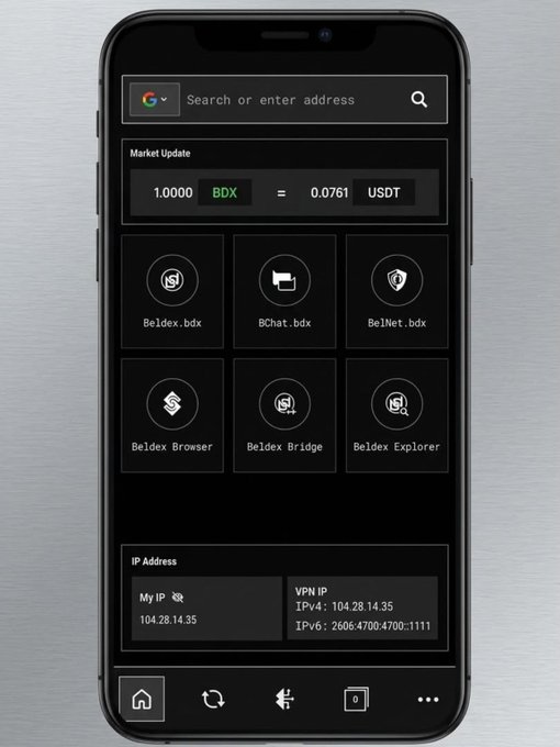 A smartphone displaying a Beldex (BDX) browser app interface showing market update (1.0000 BDX = 0.0761 USDT), app shortcuts including Beldex.bdx, BChat.bdx, and BelNet.bdx, and IP address information.