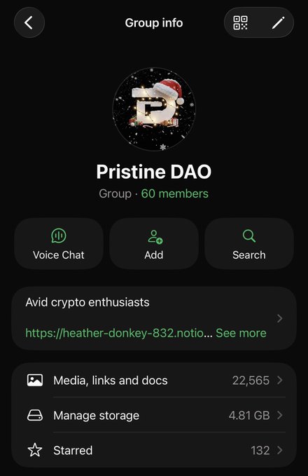 The image shows the Group info page for "Pristine DAO," a WhatsApp group with 60 members, described as "Avid crypto enthusiasts." The group's shared media includes 22,565 items and uses 4.81 GB of storage, supporting the post's message about the tight-knit, exclusive nature of this crypto-focused community.