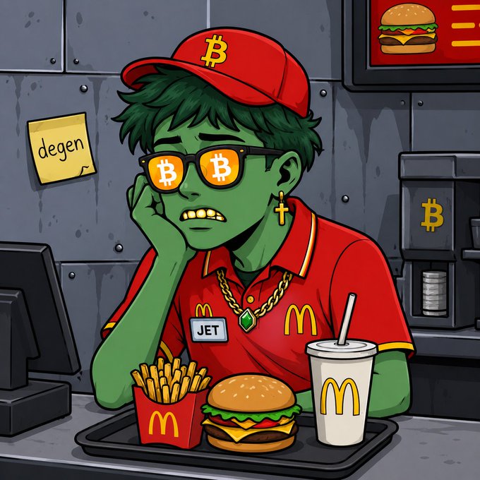 A cartoon illustration of a green-skinned McDonald's worker named 'JET' wearing Bitcoin-themed sunglasses and hat, sitting at a fast food counter with a burger, fries, and drink, with a 'degen' sticky note on the wall.