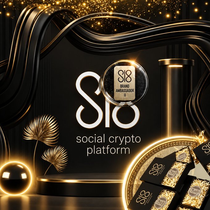 A promotional graphic for 'S18 social crypto platform' featuring an elegant black and gold design with a 'BRAND AMBASSADOR II' badge and product packaging.