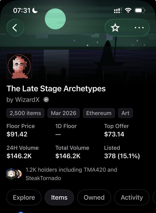 A mobile app screenshot for an NFT collection called 'The Late Stage Archetypes' by WizardX, showing a floor price of $91.42, 24H Volume of $146.2K, and 1.2K holders.