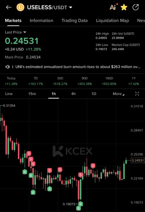 A KCEX trading interface shows the $USELESS/USDT pair at a last price of 0.24531 USDT (+11.28%), with a 24h volume of 23.899M USDT and a market cap of 245.44M USDT, alongside a 1-hour candlestick chart highlighting the token's recent volatility and bullish recovery from its 24h low of 0.19073.
