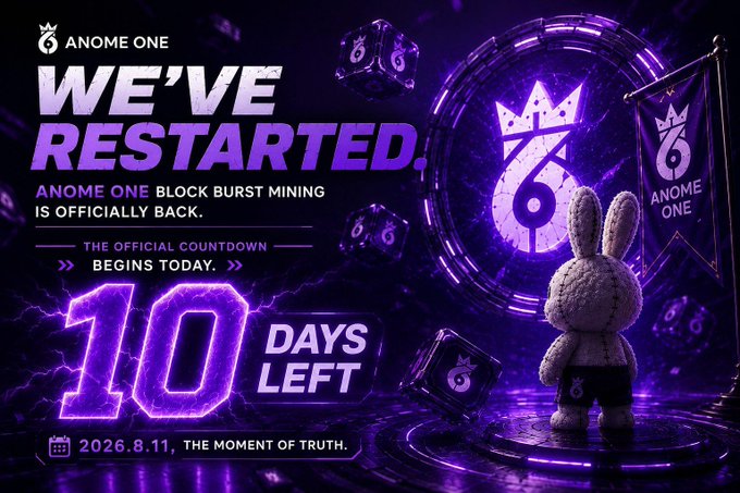 Dark purple promotional banner for 'ANOME ONE' reading 'WE'VE RESTARTED. ANOME ONE BLOCK BURST MINING IS OFFICIALLY BACK' with a '10 DAYS LEFT' countdown to 2026.8.11 and a plush rabbit mascot.