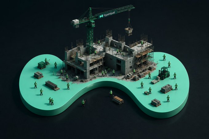 The image features a miniature construction site with a green crane, indicating that it's a 3D rendering of a building under construction. There are several people working at the site, some carrying tools like shovels or hammers. The scene also includes various objects such as trucks and other construction equipment scattered around the area. The post suggests that the image is related to a project involving the use of Hyper Liquid technology for construction purposes.