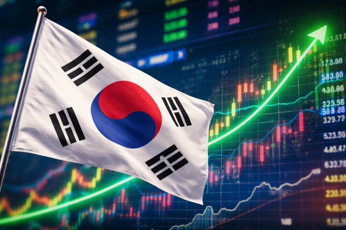 The South Korean flag waves prominently in the foreground against a backdrop of a financial trading screen displaying candlestick charts, numerical data including figures like 123.60, 438.06, 625.56, and 329.72, and a bold green upward-trending arrow, visually reinforcing the accompanying post about Asian stocks opening higher as the KOSPI gains over 1% on renewed AI and semiconductor momentum, with the rising arrow symbolizing the bullish market sentiment described.