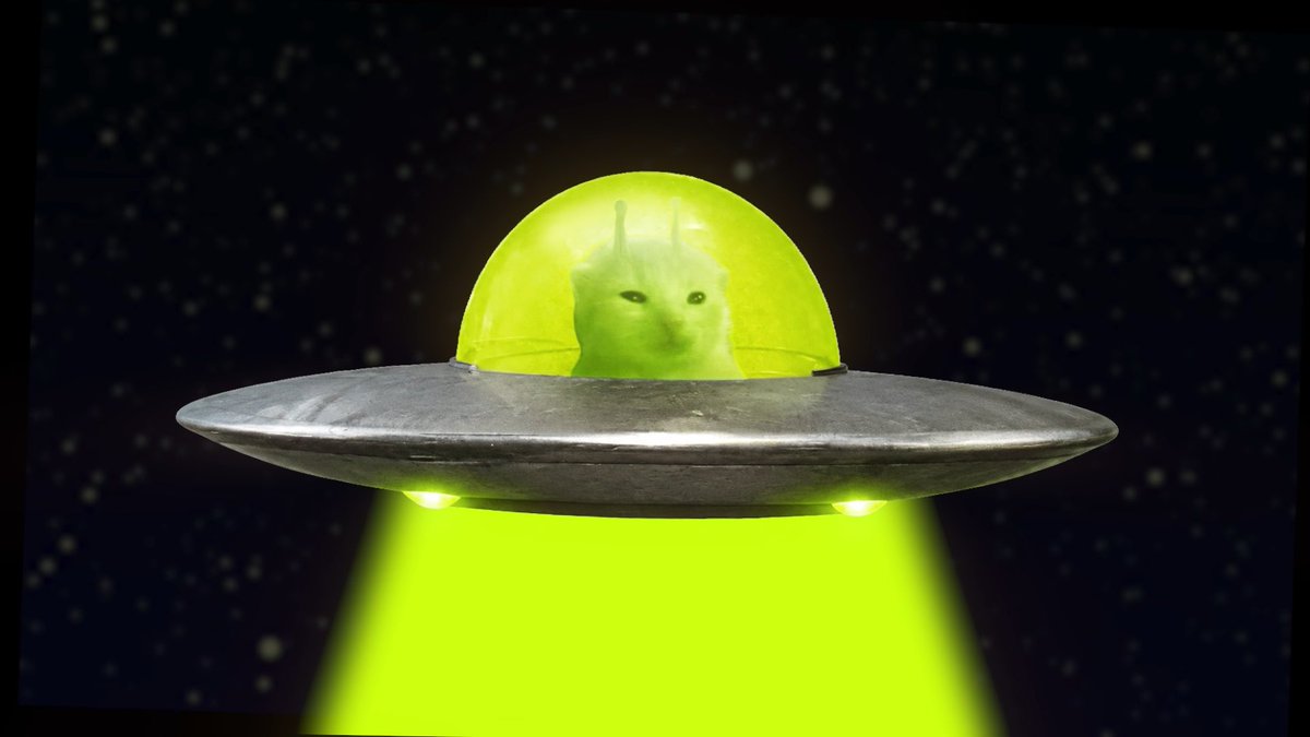 A white cat with a sleek expression pilots a metallic UFO through a starry black cosmos, with a glowing green beam and dome illuminating the scene. The image's extraterrestrial "abduction" theme playfully pairs with the post's teaser about a meme coin landing on Robinhood, suggesting users "beam up" their EVM addresses to join the launch.
