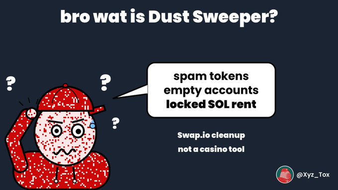 A cartoon graphic titled 'bro wat is Dust Sweeper?' explaining it deals with empty accounts and locked SOL rent, credited to @Xyz_Tox.