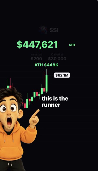 A mobile screen showing a crypto/token called SSI at $447,621 ATH, with an investment of $200 and a call at $30,000, alongside an animated character pointing at the chart labeled 'this is the runner.'