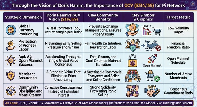 An infographic titled 'Through the Vision of Doris Hanim, the Importance of GCV ($314,159) for Pi Network,' detailing strategic dimensions and benefits in a table format, referencing 'Ali Yanik - CEO, Global GCV Movement & Türkiye Chief GCV Ambassador'.