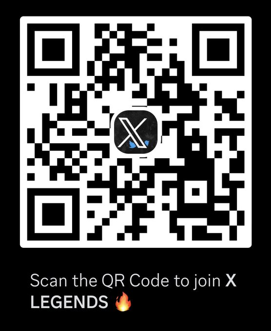 A black and white QR code with the X (formerly Twitter) logo in the center, accompanied by text reading 'Scan the QR Code to join X LEGENDS 🔥'.