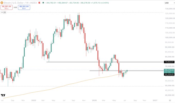 A weekly Bitcoin/USD chart on TradingView shows BTC trading at $66,276, up 2.43% to $66,724.85, with the price pushing above the $66,000 horizontal resistance level following a bounce off the $60,000 macro low (marked at $65,559 on the chart). The chart highlights the key battle between the $60,000 support zone and the $74,632 resistance level overhead, illustrating the post's point about confirming the macro low by closing above $66,000 on a weekly basis.