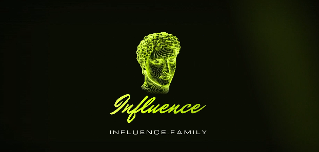 Dark green/black background featuring a golden wireframe bust illustration with the cursive yellow text 'Influence' and the tagline 'INFLUENCE.FAMILY' below.